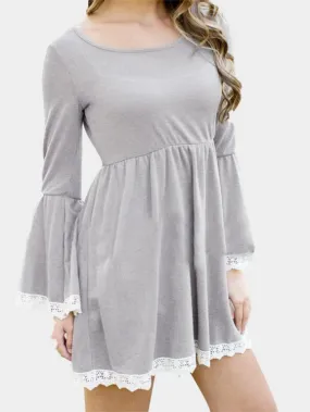 Wholesale Grey Round Neck Long Sleeve Lace Casual Dresses