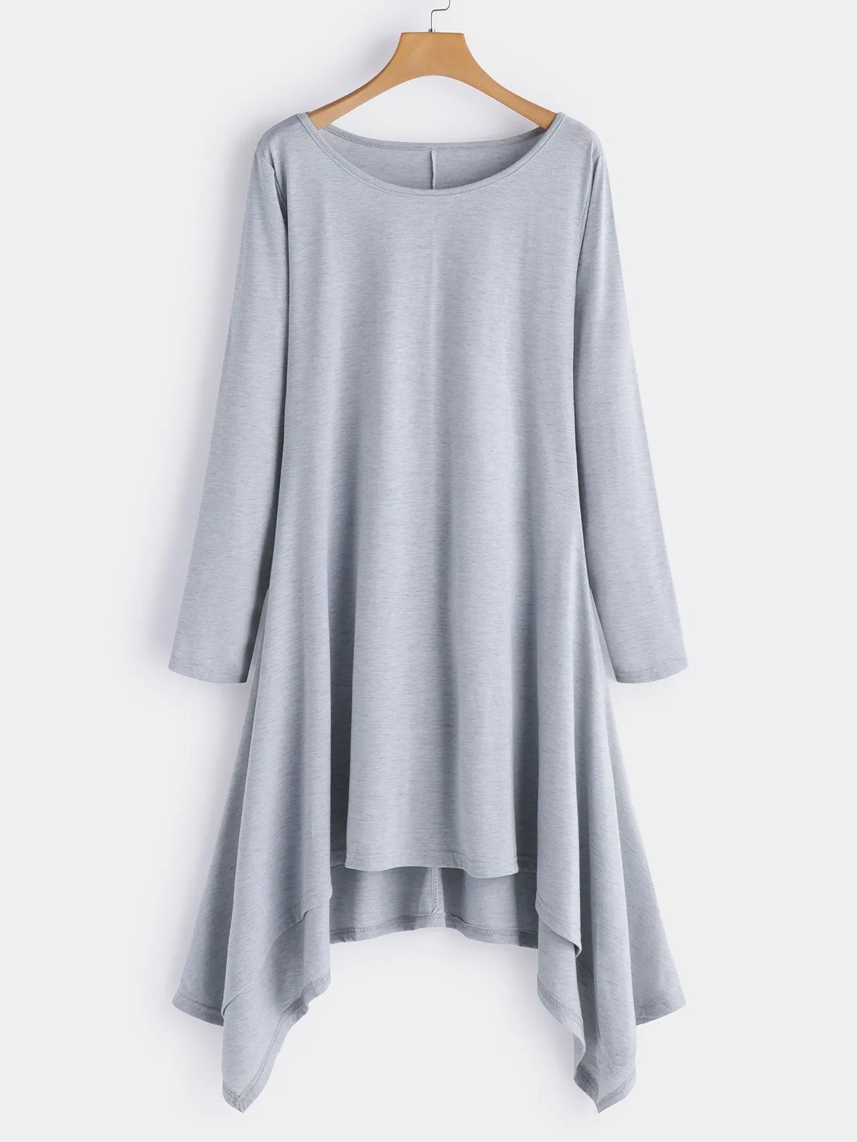 Wholesale Grey Round Neck Long Sleeve Plain Irregular Hem Casual Dresses