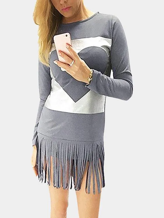 Wholesale Grey Round Neck Long Sleeve Tassel Hem Casual Dresses