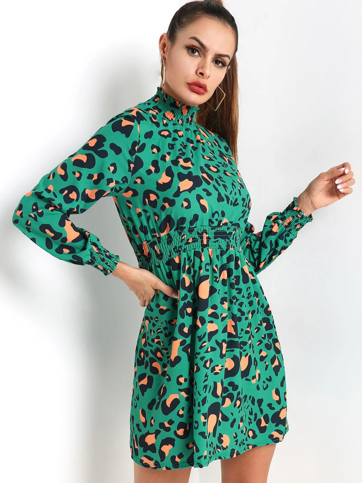 Wholesale Long Sleeve Leopard Casual Dress