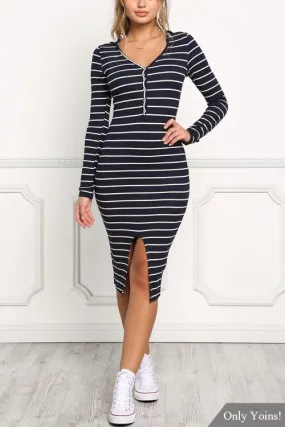 Wholesale Long Sleeve Stripe Hooded Slit Hem Casual Dress