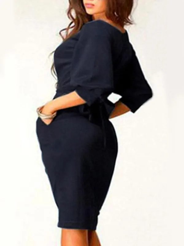 Wholesale Navy Round Neck 3/4 Length Sleeve Casual Dress