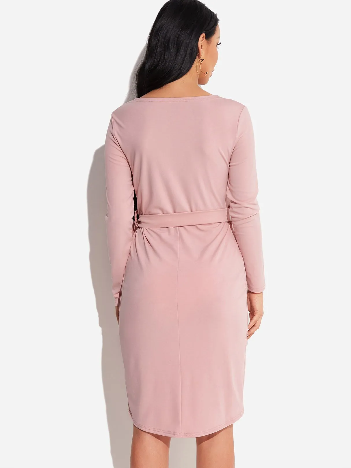 Wholesale Pink Round Neck Long Sleeve Plain Self-Tie Slit Hem Casual Dress