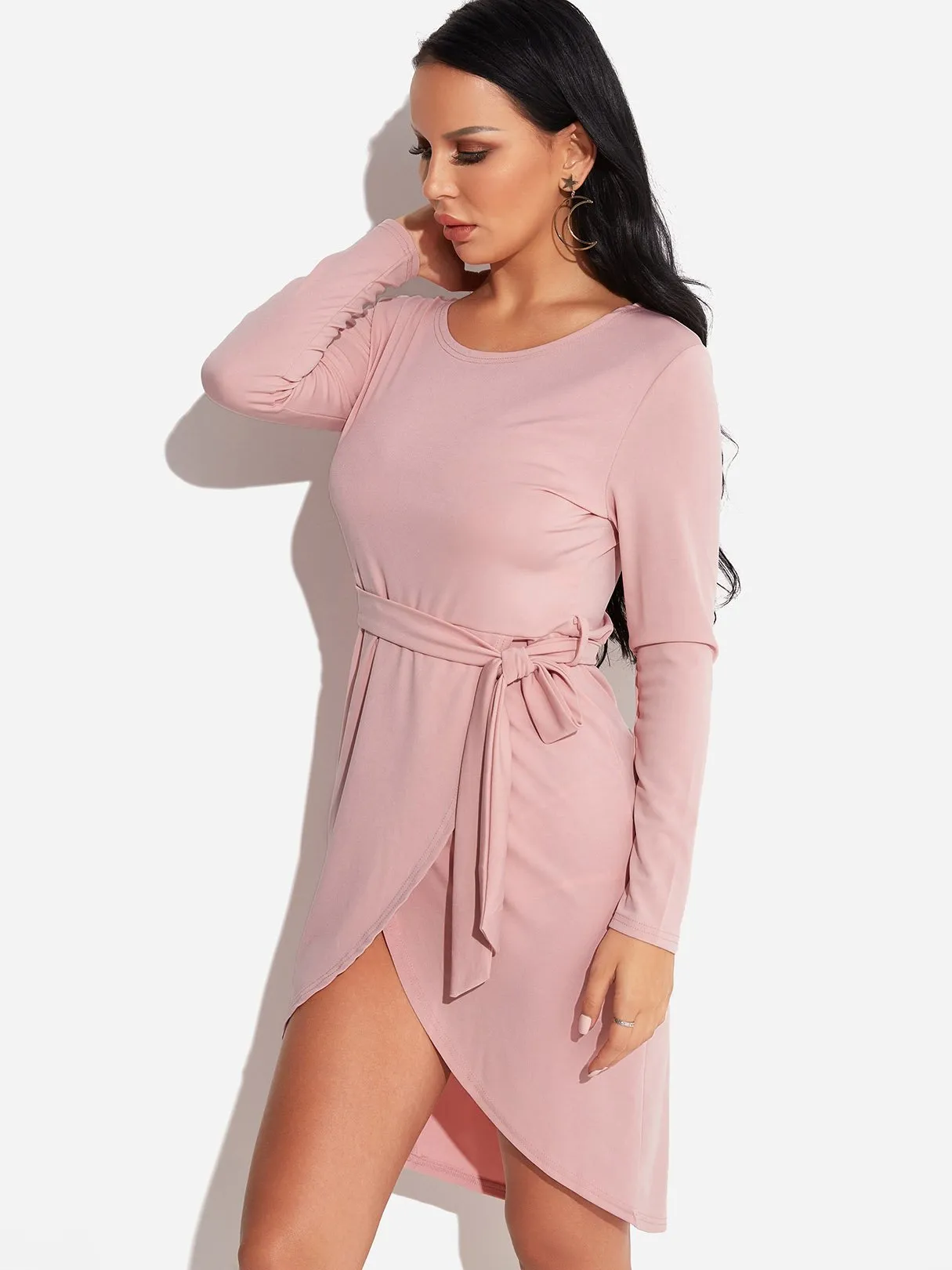 Wholesale Pink Round Neck Long Sleeve Plain Self-Tie Slit Hem Casual Dress