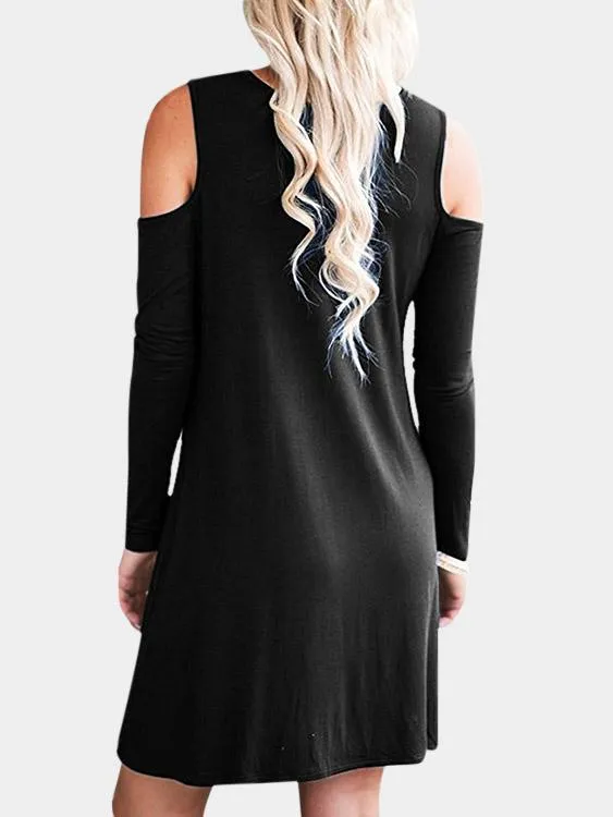 Wholesale Round Neck Cold Shoulder Side Pockets Long Sleeve Casual Dresses