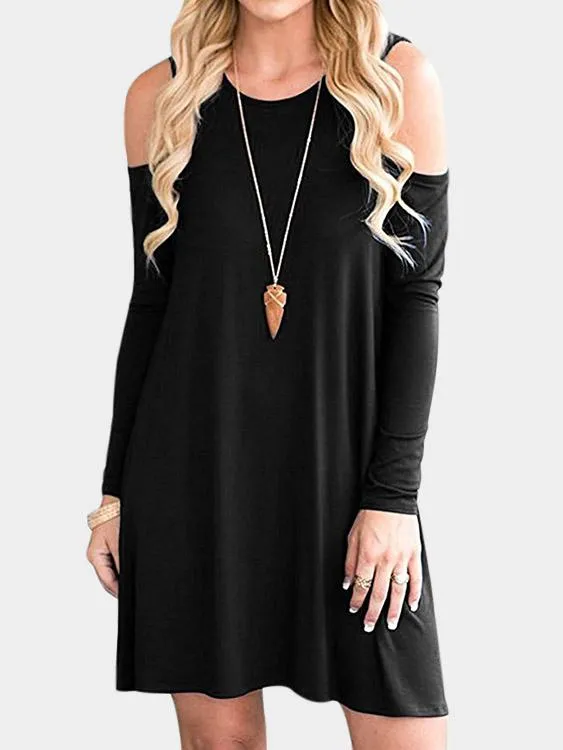 Wholesale Round Neck Cold Shoulder Side Pockets Long Sleeve Casual Dresses