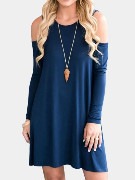 Wholesale Round Neck Cold Shoulder Side Pockets Long Sleeve Casual Dresses