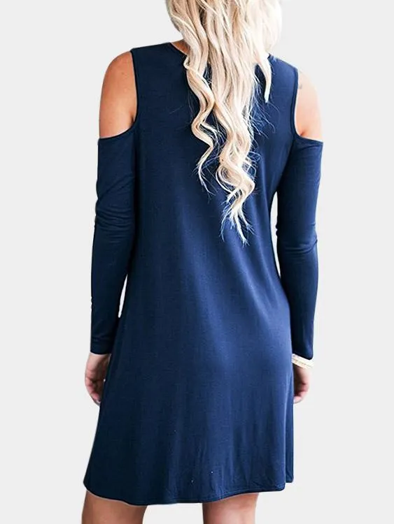 Wholesale Round Neck Cold Shoulder Side Pockets Long Sleeve Casual Dresses