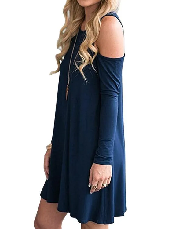 Wholesale Round Neck Cold Shoulder Side Pockets Long Sleeve Casual Dresses