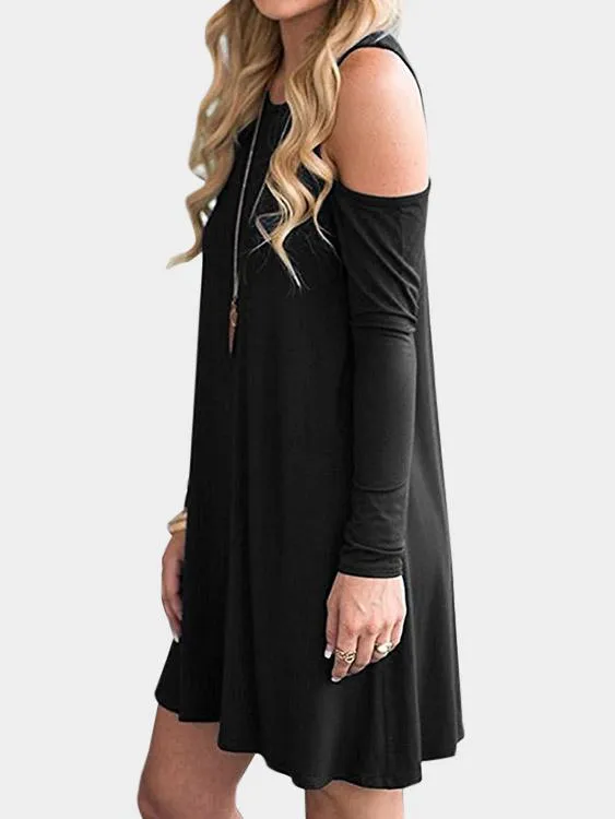 Wholesale Round Neck Cold Shoulder Side Pockets Long Sleeve Casual Dresses