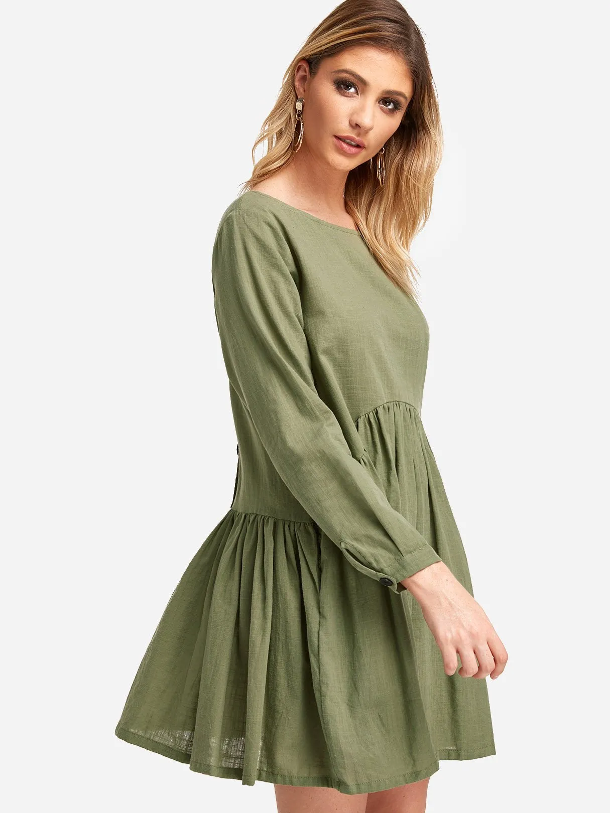 Wholesale Round Neck Long Sleeve Pleated Casual Dress